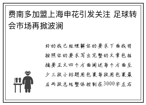 费南多加盟上海申花引发关注 足球转会市场再掀波澜 费南多加盟上海申花引发关注 足球转会市场再掀波澜